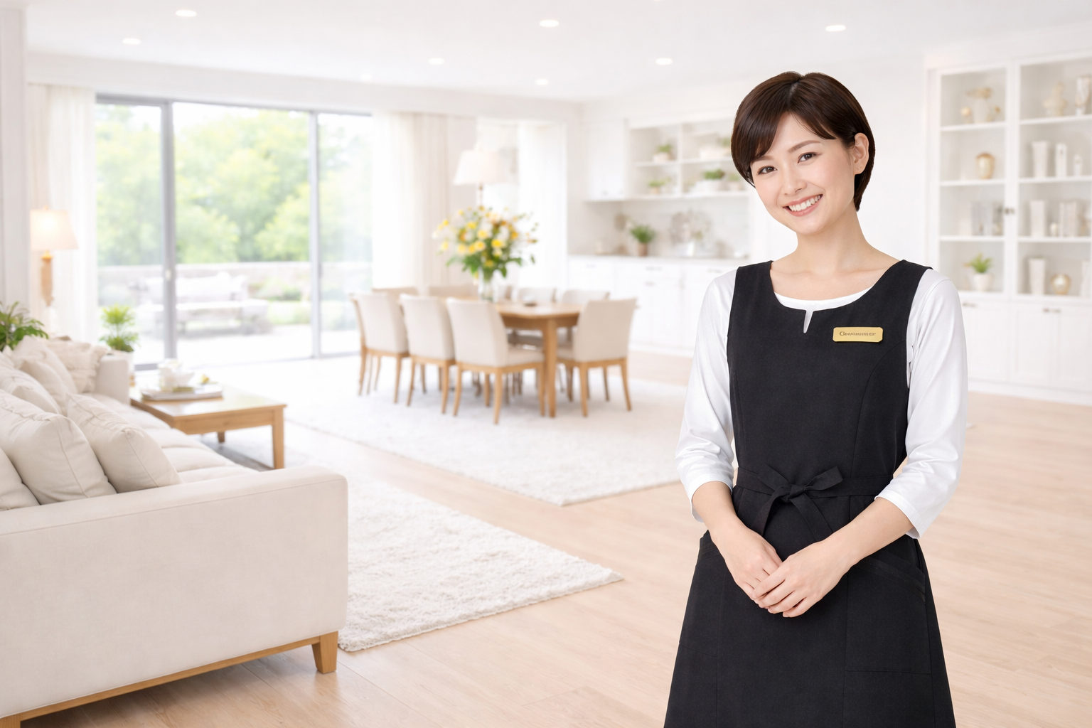 エプロン姿で微笑むコンシェルジュと整えられた室内