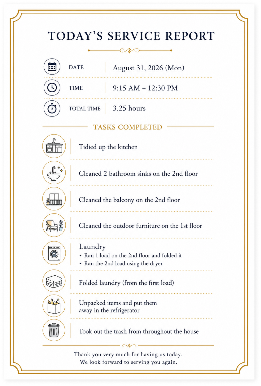 Sample service report for August 31, 2026, 9:15 AM to 12:30 PM (3.25 hours). Tasks completed include tidying the kitchen, cleaning two bathroom sinks, cleaning the balcony and outdoor furniture, two loads of laundry, putting groceries in the refrigerator, and taking out the trash.